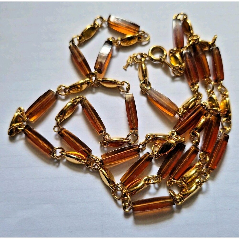 Vintage Trifari Faux Tortoise Lucite Chain Necklace Gold Tone